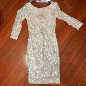 Nude sequin formal cocktail dress quarter sleeve like new